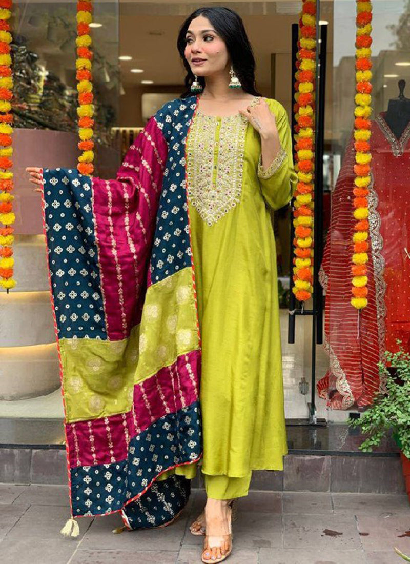 Vellora Viscose Chanderi Yellow Festival Wear Embroidery Work Readymade Suit