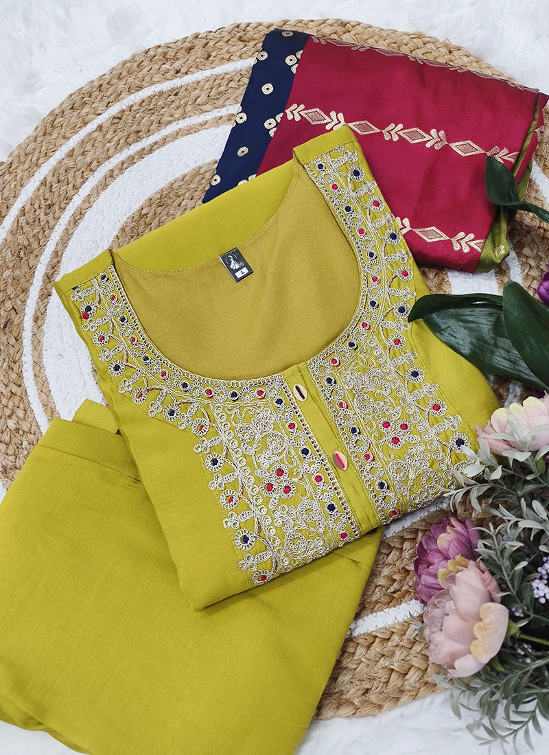 Vellora Viscose Chanderi Yellow Festival Wear Embroidery Work Readymade Suit