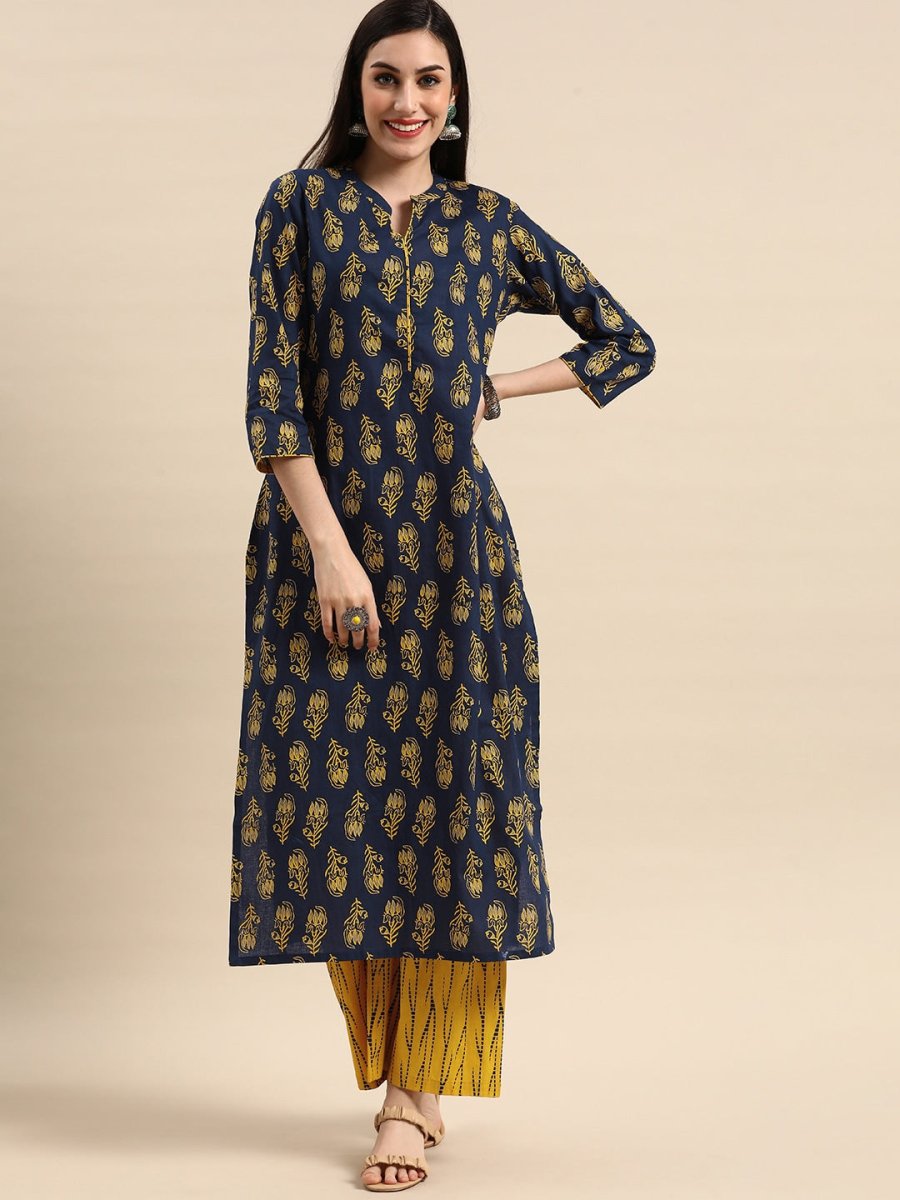 Anouk Women Navy Blue & Mustard Yellow Pure Cotton Floral Printed Kurta with Palazzos - Distacart