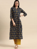 Thumbnail for Anouk Women Navy Blue & Mustard Yellow Pure Cotton Floral Printed Kurta with Palazzos - Distacart
