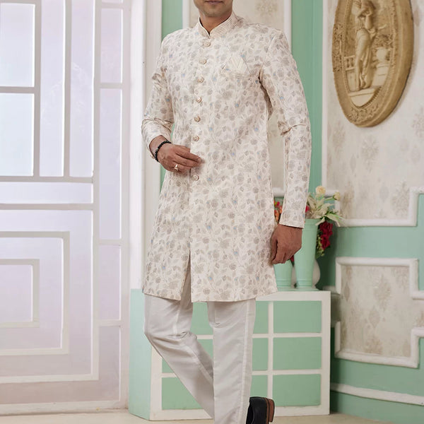 Raivat Ethnic Banarasi Jacquard Embroidery Indo Western Sherwani In Cream Colour - Distacart