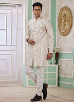 Thumbnail for Raivat Ethnic Banarasi Jacquard Embroidery Indo Western Sherwani In Cream Colour - Distacart
