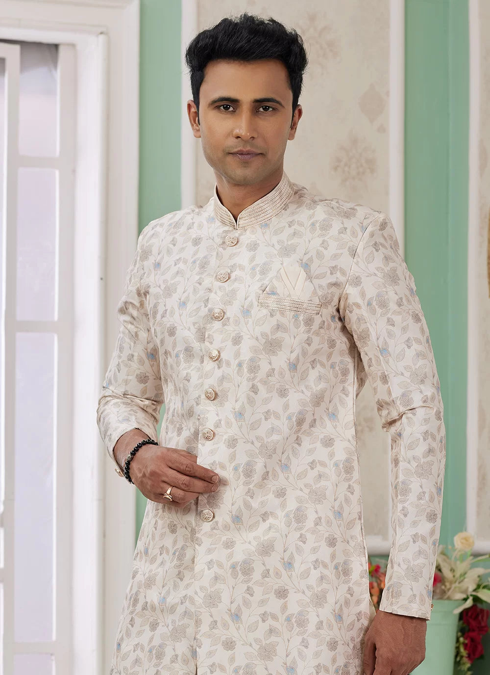 Raivat Ethnic Banarasi Jacquard Embroidery Indo Western Sherwani In Cream Colour - Distacart