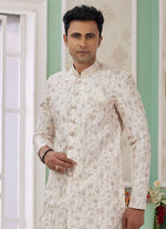Thumbnail for Raivat Ethnic Banarasi Jacquard Embroidery Indo Western Sherwani In Cream Colour - Distacart