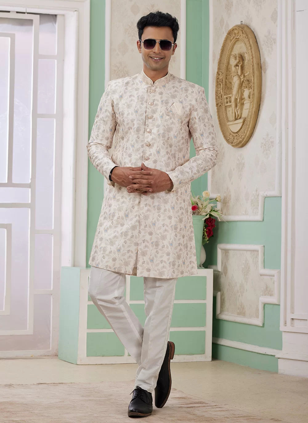 Raivat Ethnic Banarasi Jacquard Embroidery Indo Western Sherwani In Cream Colour - Distacart