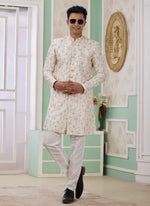 Thumbnail for Raivat Ethnic Banarasi Jacquard Embroidery Indo Western Sherwani In Cream Colour - Distacart