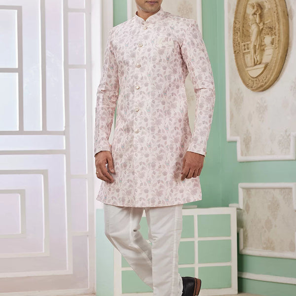 Raivat Ethnic Banarasi Jacquard Embroidery Indo Western Sherwani In Pink Colour - Distacart