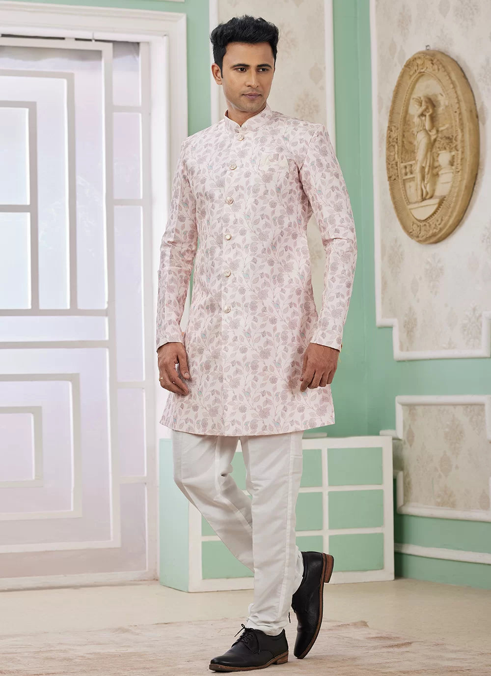 Raivat Ethnic Banarasi Jacquard Embroidery Indo Western Sherwani In Pink Colour - Distacart