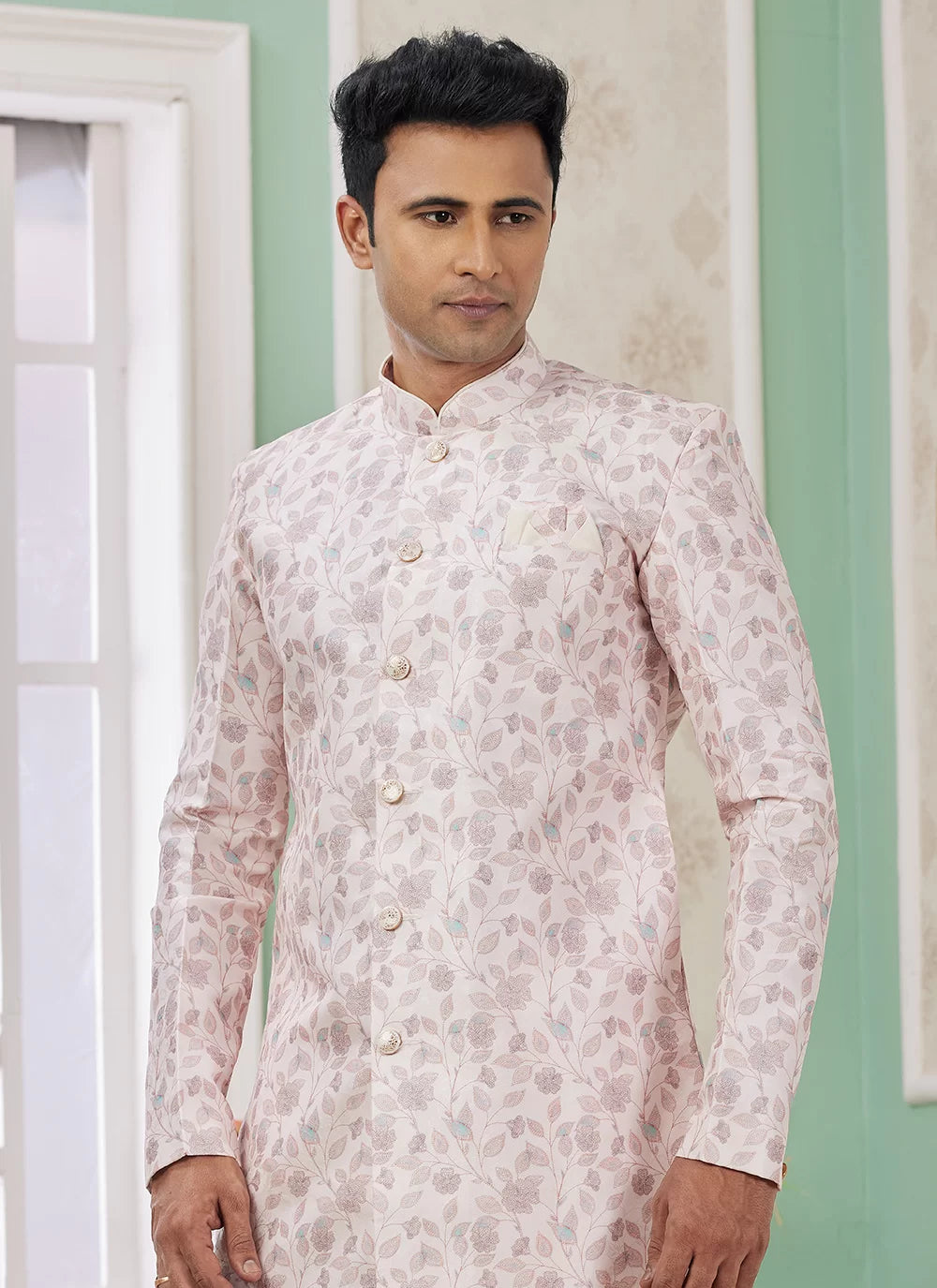 Raivat Ethnic Banarasi Jacquard Embroidery Indo Western Sherwani In Pink Colour - Distacart