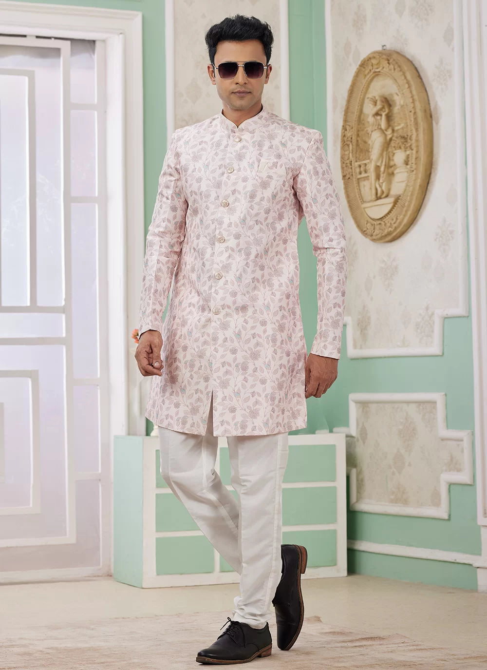 Raivat Ethnic Banarasi Jacquard Embroidery Indo Western Sherwani In Pink Colour - Distacart