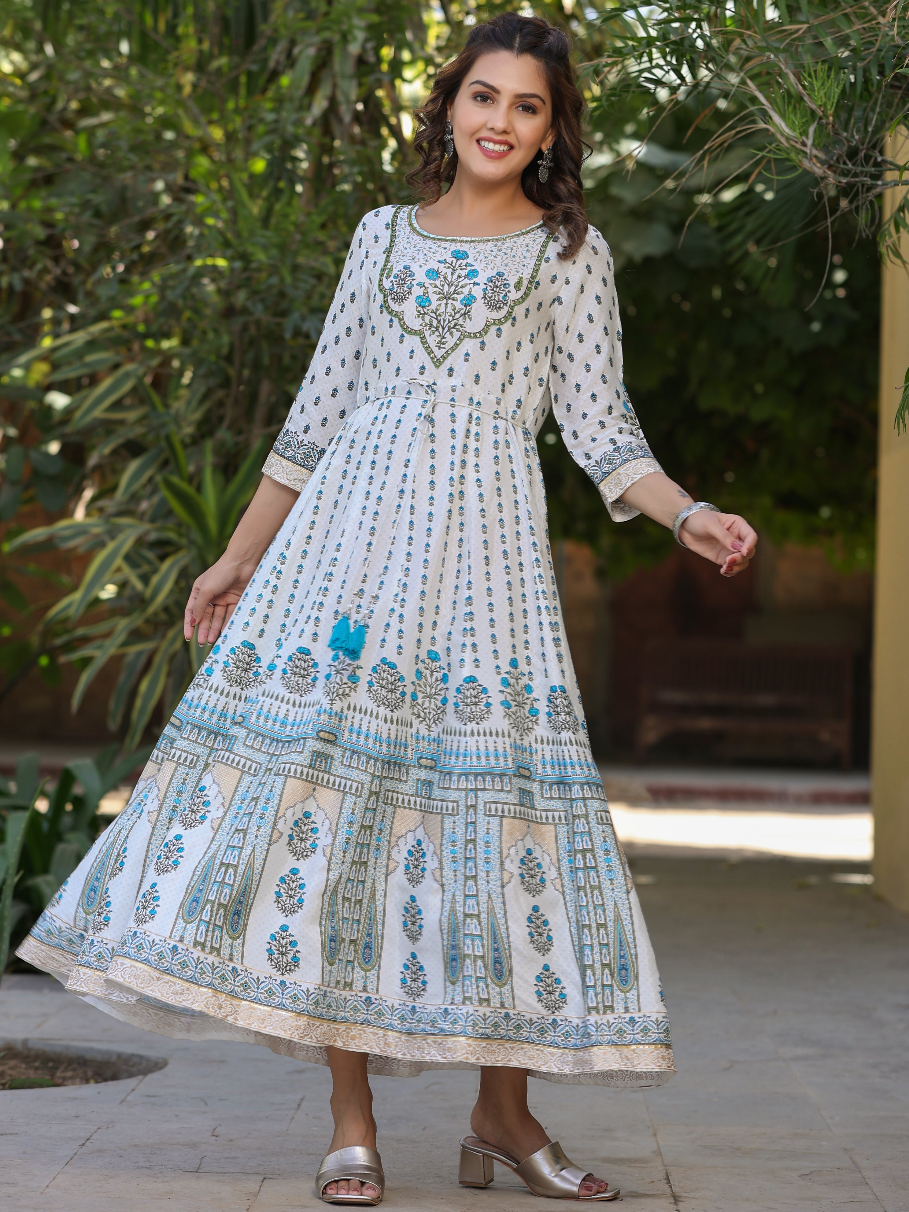 Juniper Blue Ethnic Motif Printed Flared Shantoon Maxi Dress With Beads & Sequins Work - Distacart