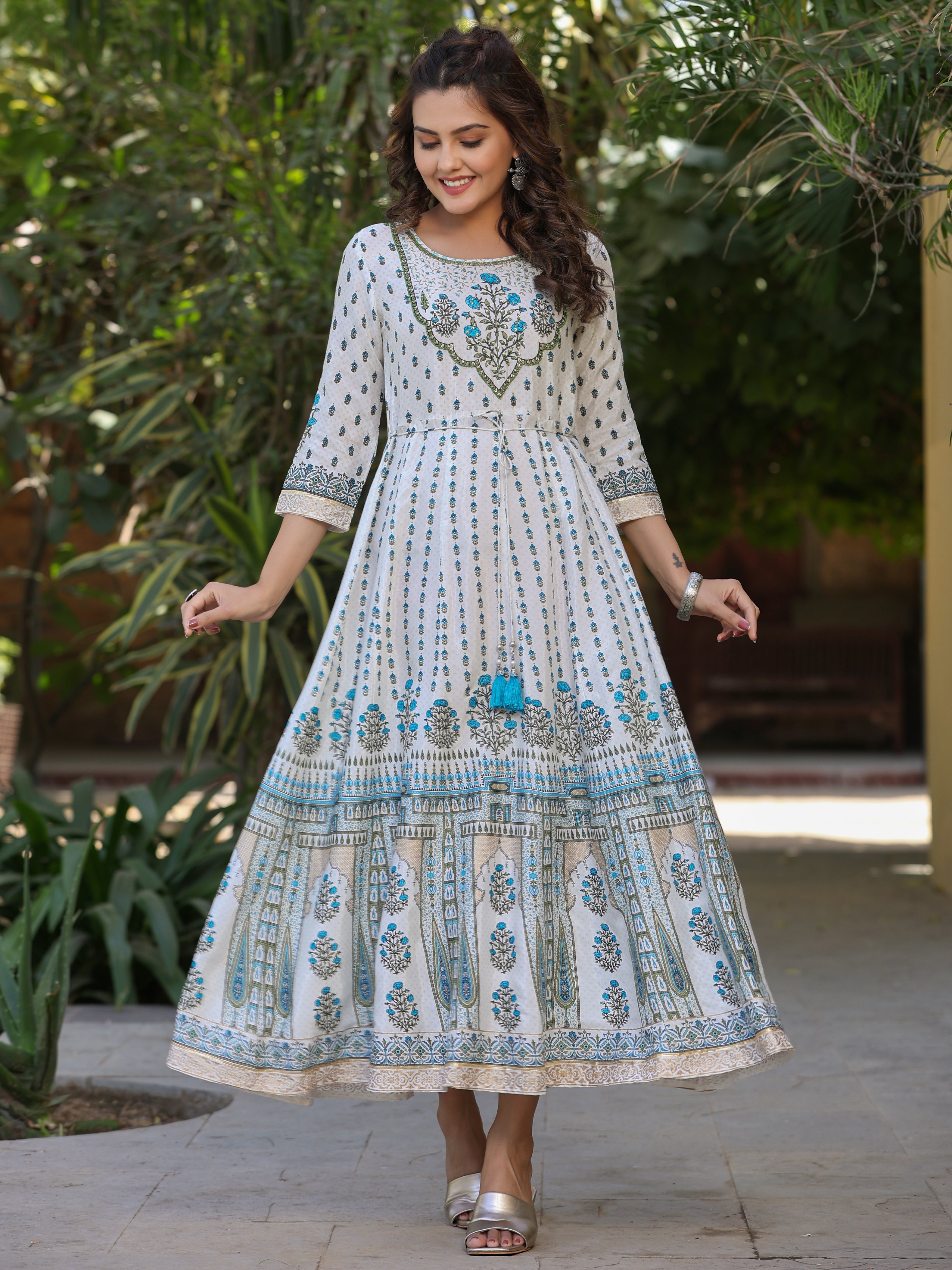 Juniper Blue Ethnic Motif Printed Flared Shantoon Maxi Dress With Beads & Sequins Work - Distacart