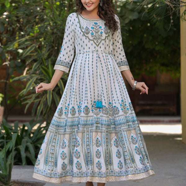 Juniper Blue Ethnic Motif Printed Flared Shantoon Maxi Dress With Beads & Sequins Work - Distacart