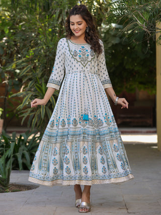 Juniper Blue Ethnic Motif Printed Flared Shantoon Maxi Dress With Beads & Sequins Work - Distacart