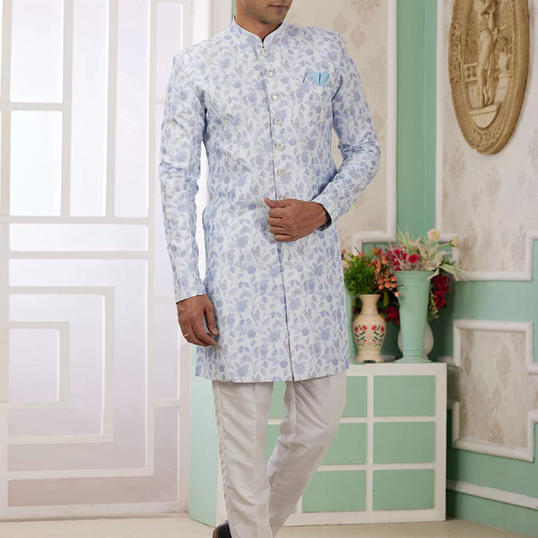 Raivat Ethnic Banarasi Jacquard Embroidery Indo Western Sherwani In Blue Colour - Distacart