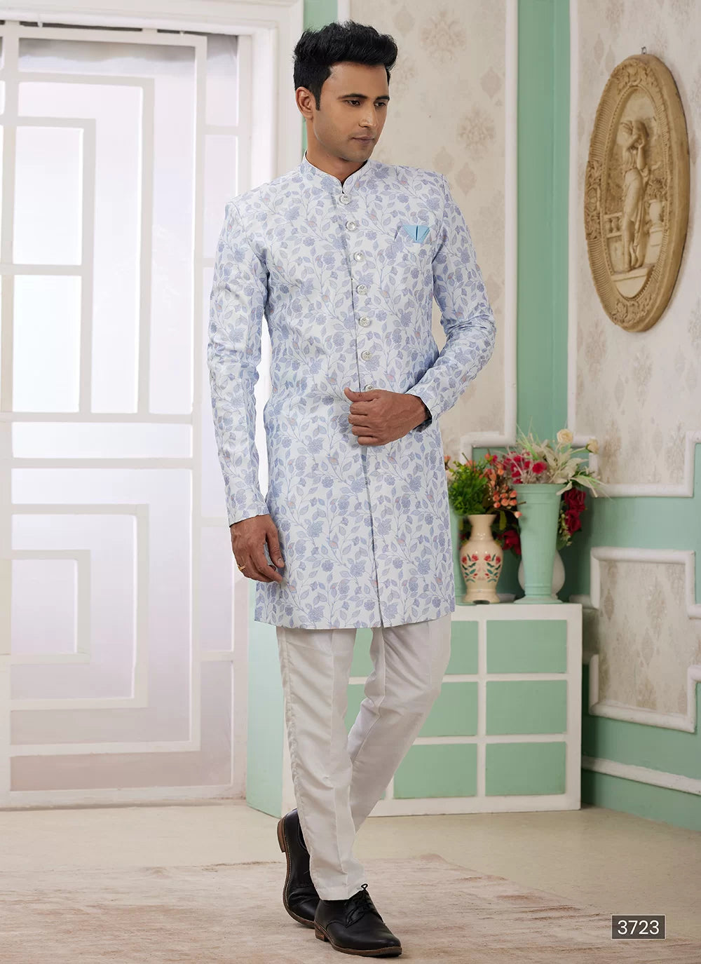 Raivat Ethnic Banarasi Jacquard Embroidery Indo Western Sherwani In Blue Colour