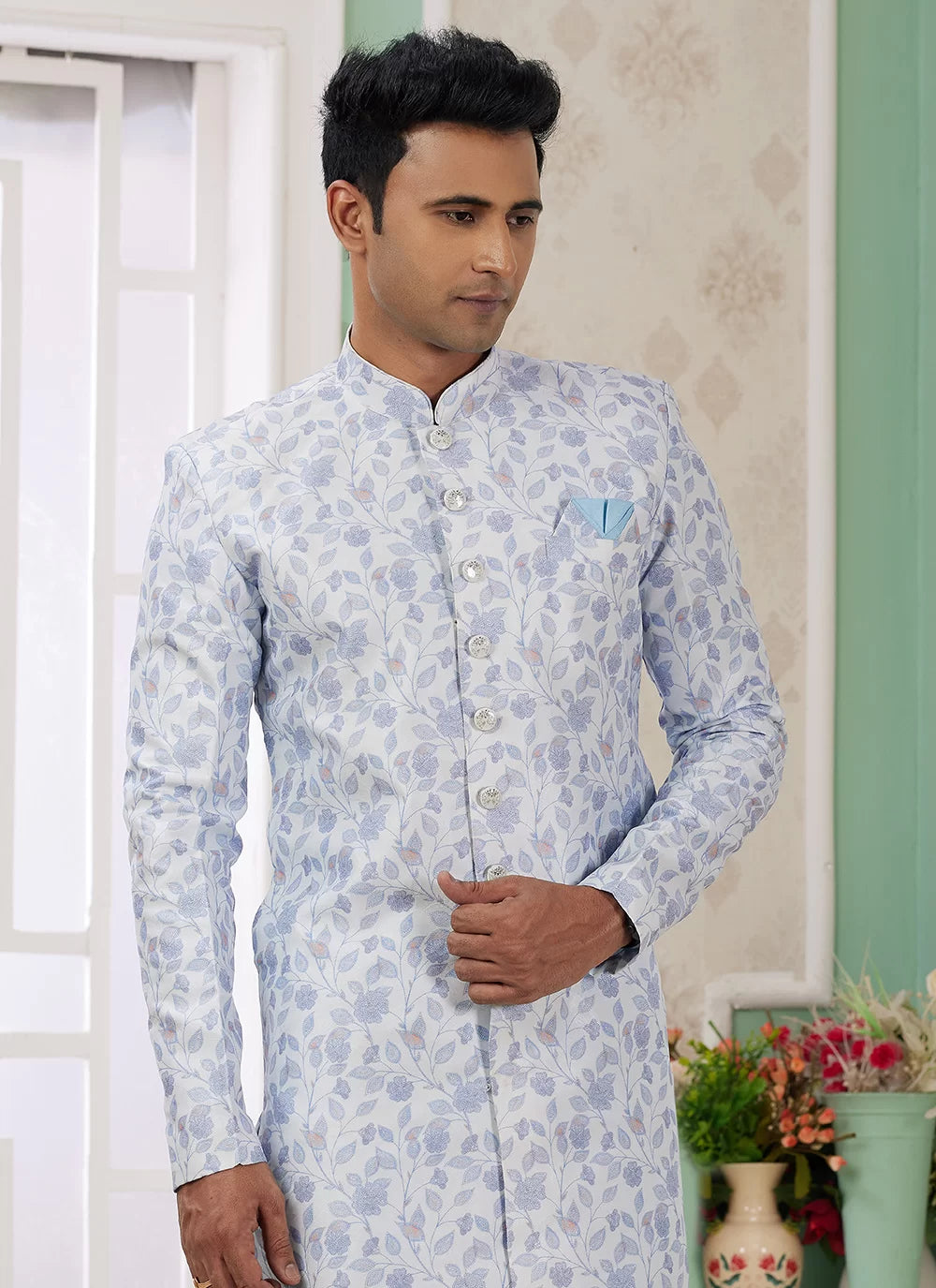 Raivat Ethnic Banarasi Jacquard Embroidery Indo Western Sherwani In Blue Colour - Distacart