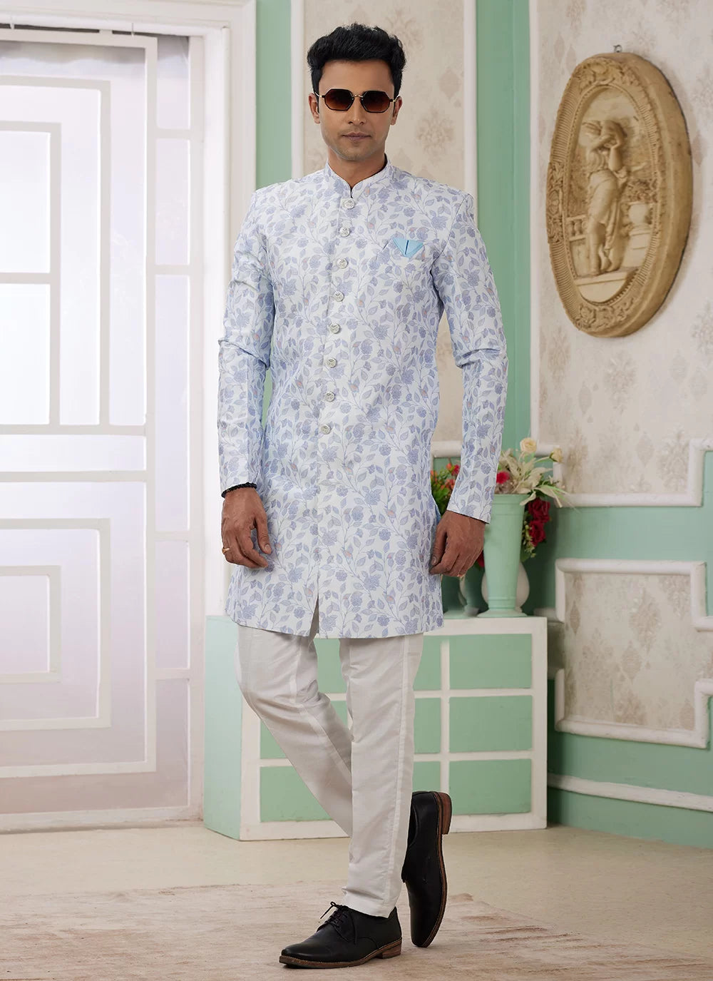 Raivat Ethnic Banarasi Jacquard Embroidery Indo Western Sherwani In Blue Colour - Distacart