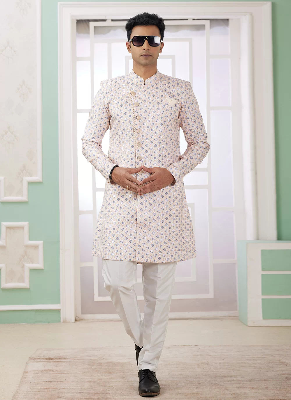 Raivat Ethnic Banarasi Jacquard Embroidery Indo Western Sherwani In Cream Blue Colour - Distacart