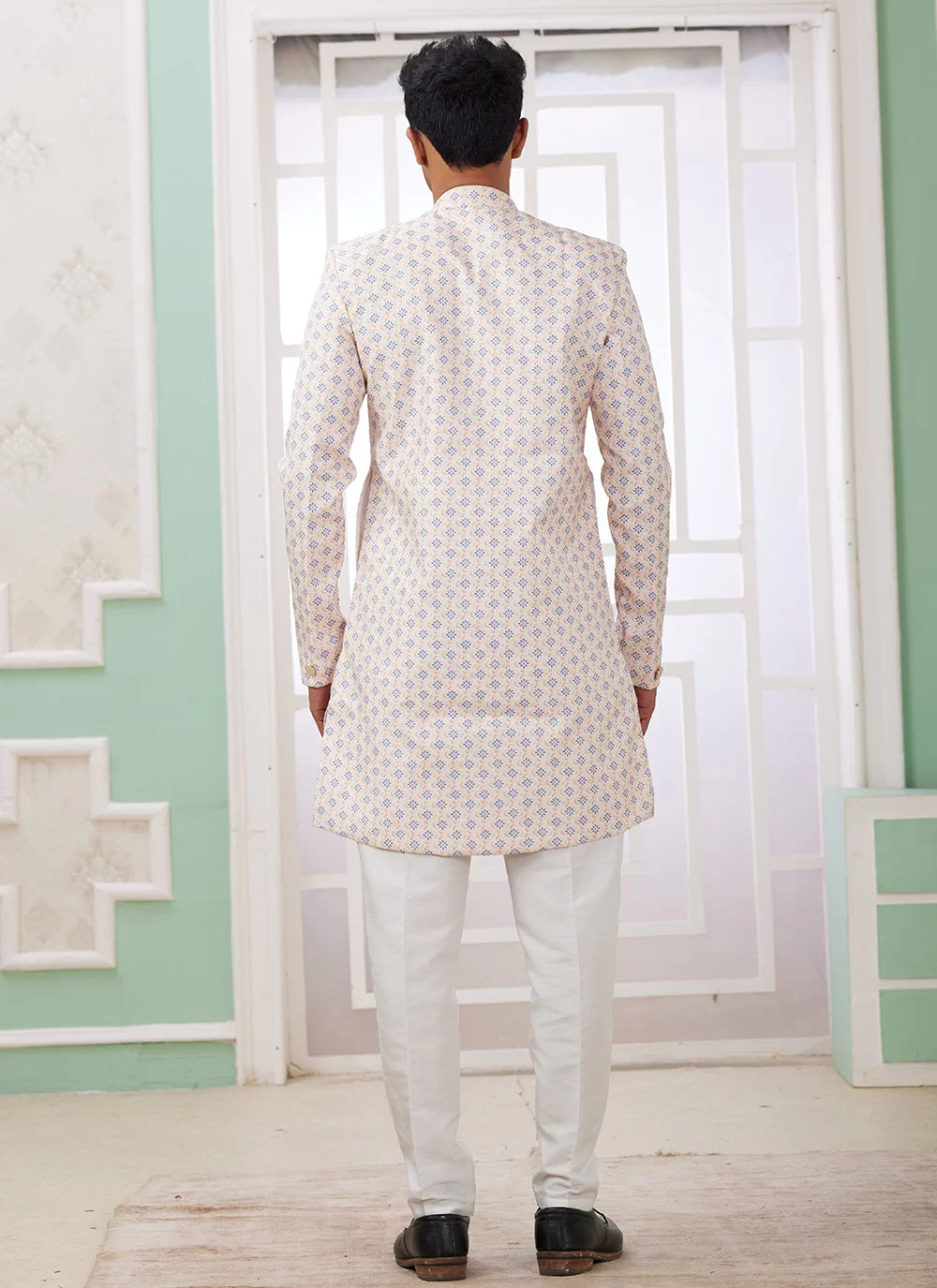 Raivat Ethnic Banarasi Jacquard Embroidery Indo Western Sherwani In Cream Blue Colour - Distacart