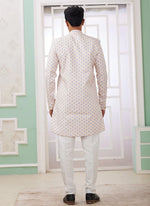 Thumbnail for Raivat Ethnic Banarasi Jacquard Embroidery Indo Western Sherwani In Cream Blue Colour - Distacart