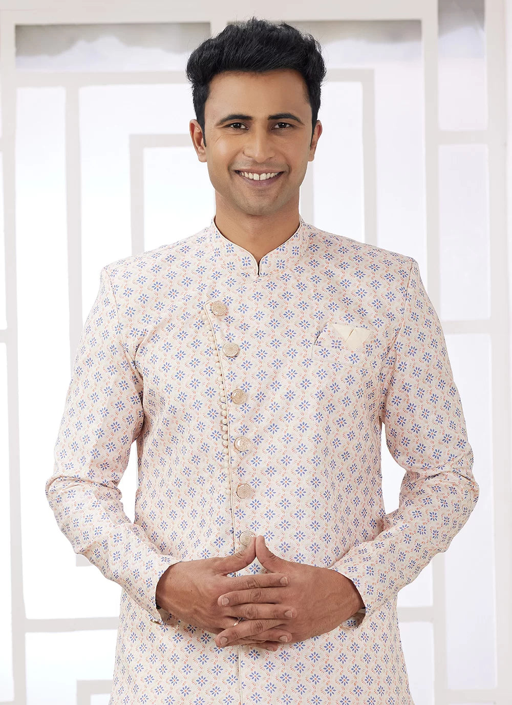 Raivat Ethnic Banarasi Jacquard Embroidery Indo Western Sherwani In Cream Blue Colour - Distacart
