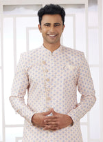 Thumbnail for Raivat Ethnic Banarasi Jacquard Embroidery Indo Western Sherwani In Cream Blue Colour - Distacart