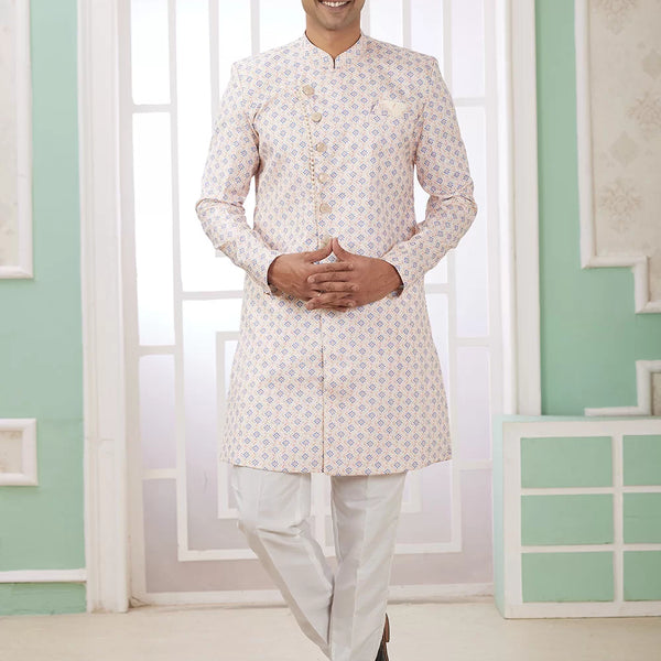 Raivat Ethnic Banarasi Jacquard Embroidery Indo Western Sherwani In Cream Blue Colour - Distacart