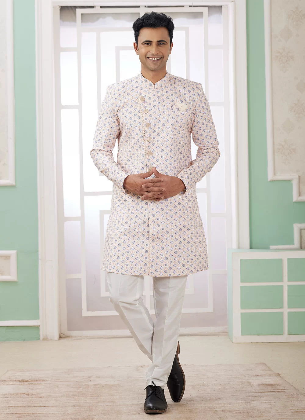 Raivat Ethnic Banarasi Jacquard Embroidery Indo Western Sherwani In Cream Blue Colour - Distacart