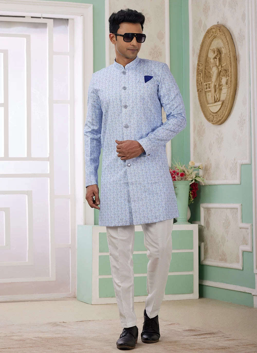 Raivat Ethnic Banarasi Jacquard Embroidery Indo Western Sherwani In Blue Colour - Distacart