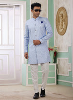 Thumbnail for Raivat Ethnic Banarasi Jacquard Embroidery Indo Western Sherwani In Blue Colour - Distacart