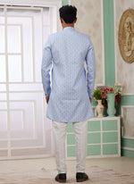 Thumbnail for Raivat Ethnic Banarasi Jacquard Embroidery Indo Western Sherwani In Blue Colour - Distacart