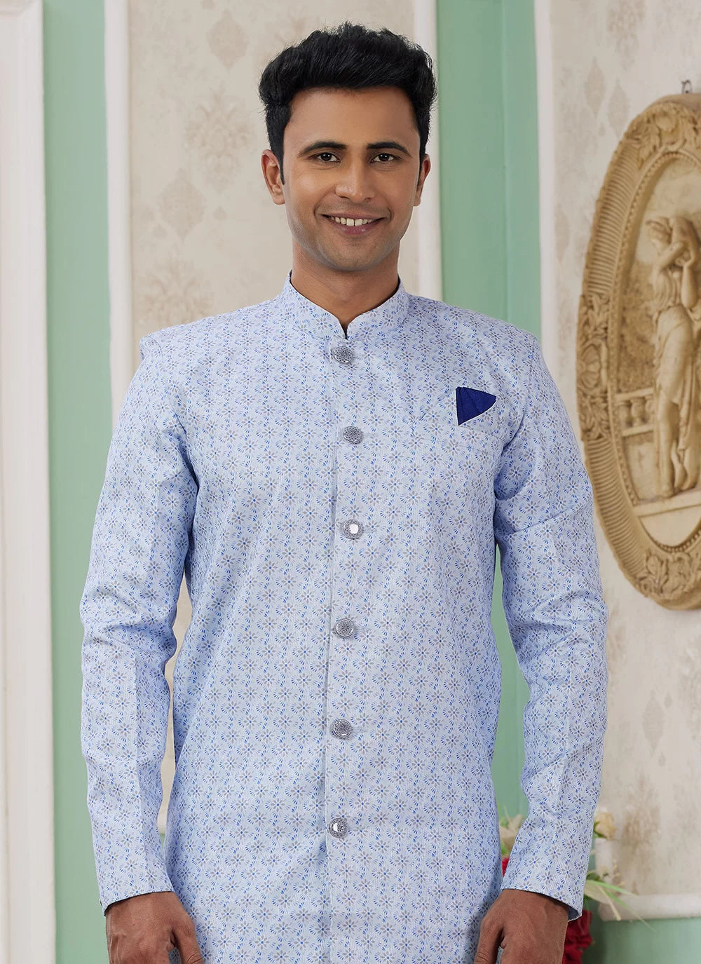 Raivat Ethnic Banarasi Jacquard Embroidery Indo Western Sherwani In Blue Colour - Distacart