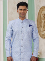Thumbnail for Raivat Ethnic Banarasi Jacquard Embroidery Indo Western Sherwani In Blue Colour - Distacart