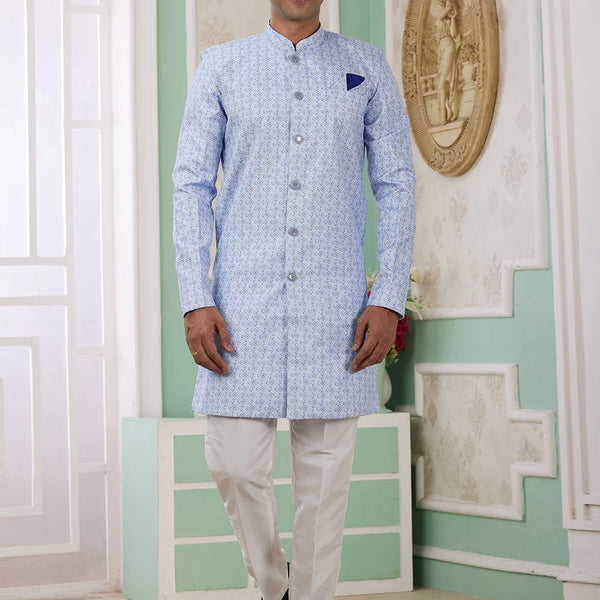 Raivat Ethnic Banarasi Jacquard Embroidery Indo Western Sherwani In Blue Colour - Distacart