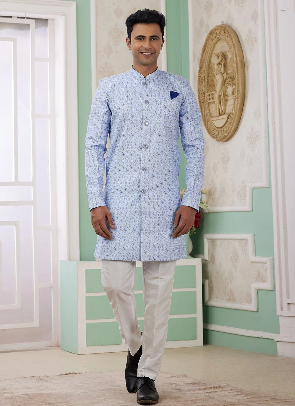 Raivat Ethnic Banarasi Jacquard Embroidery Indo Western Sherwani In Blue Colour - Distacart