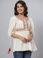 Thumbnail for Juniper Off-White Thread & Mirror Embroidered Cotton Dobby Tunic - Distacart