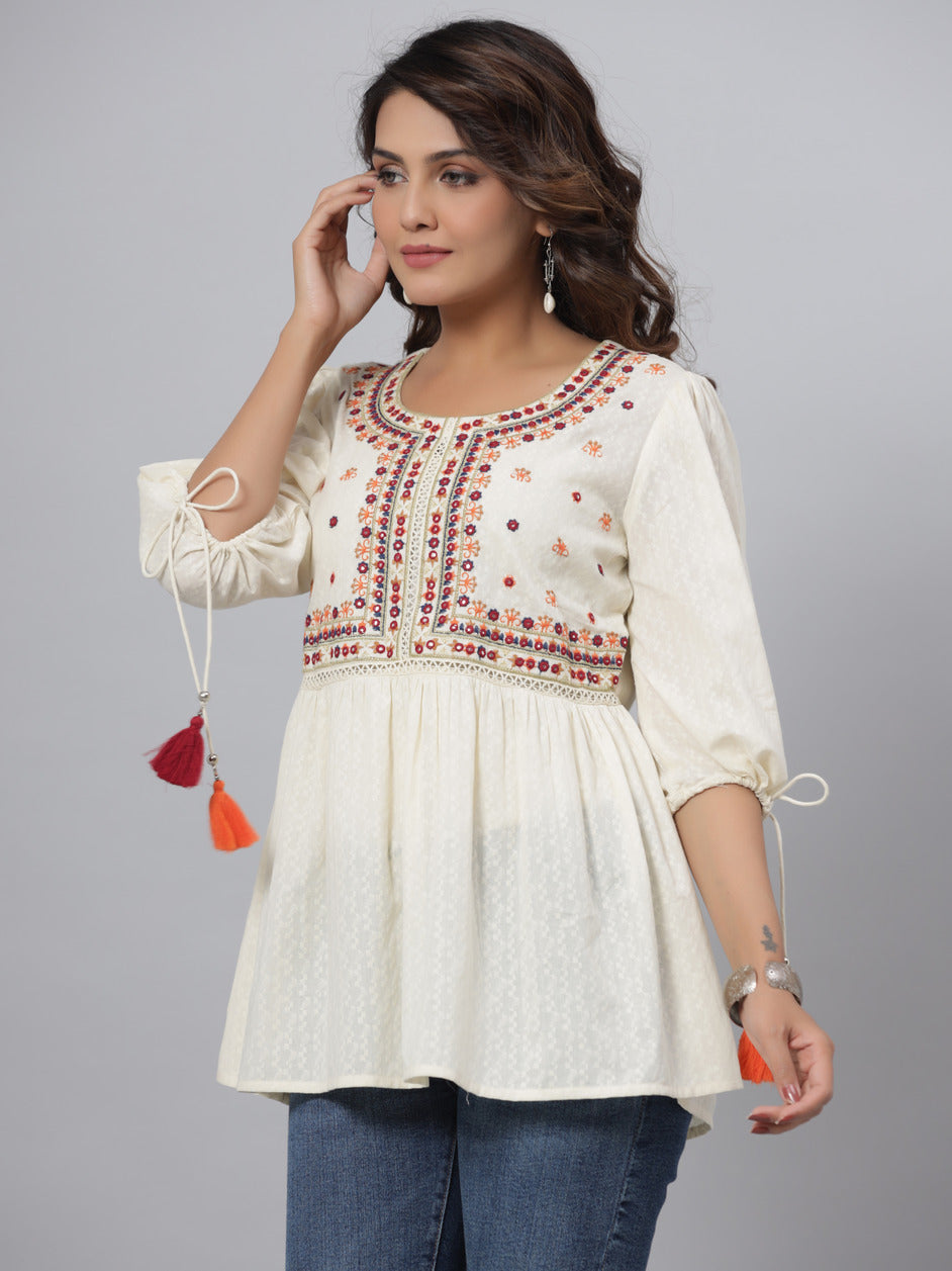 Juniper Off-White Thread & Mirror Embroidered Cotton Dobby Tunic - Distacart