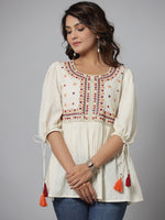 Thumbnail for Juniper Off-White Thread & Mirror Embroidered Cotton Dobby Tunic - Distacart