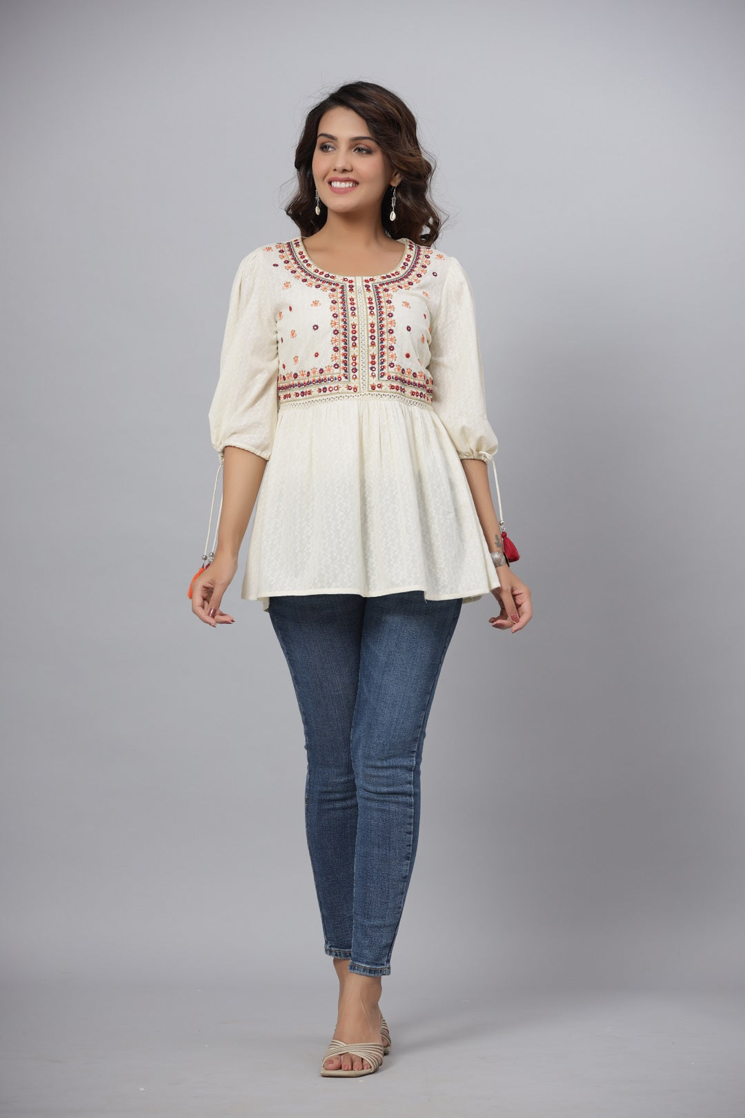 Juniper Off-White Thread & Mirror Embroidered Cotton Dobby Tunic - Distacart