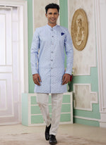 Thumbnail for Raivat Ethnic Banarasi Jacquard Embroidery Indo Western Sherwani In Blue Colour - Distacart