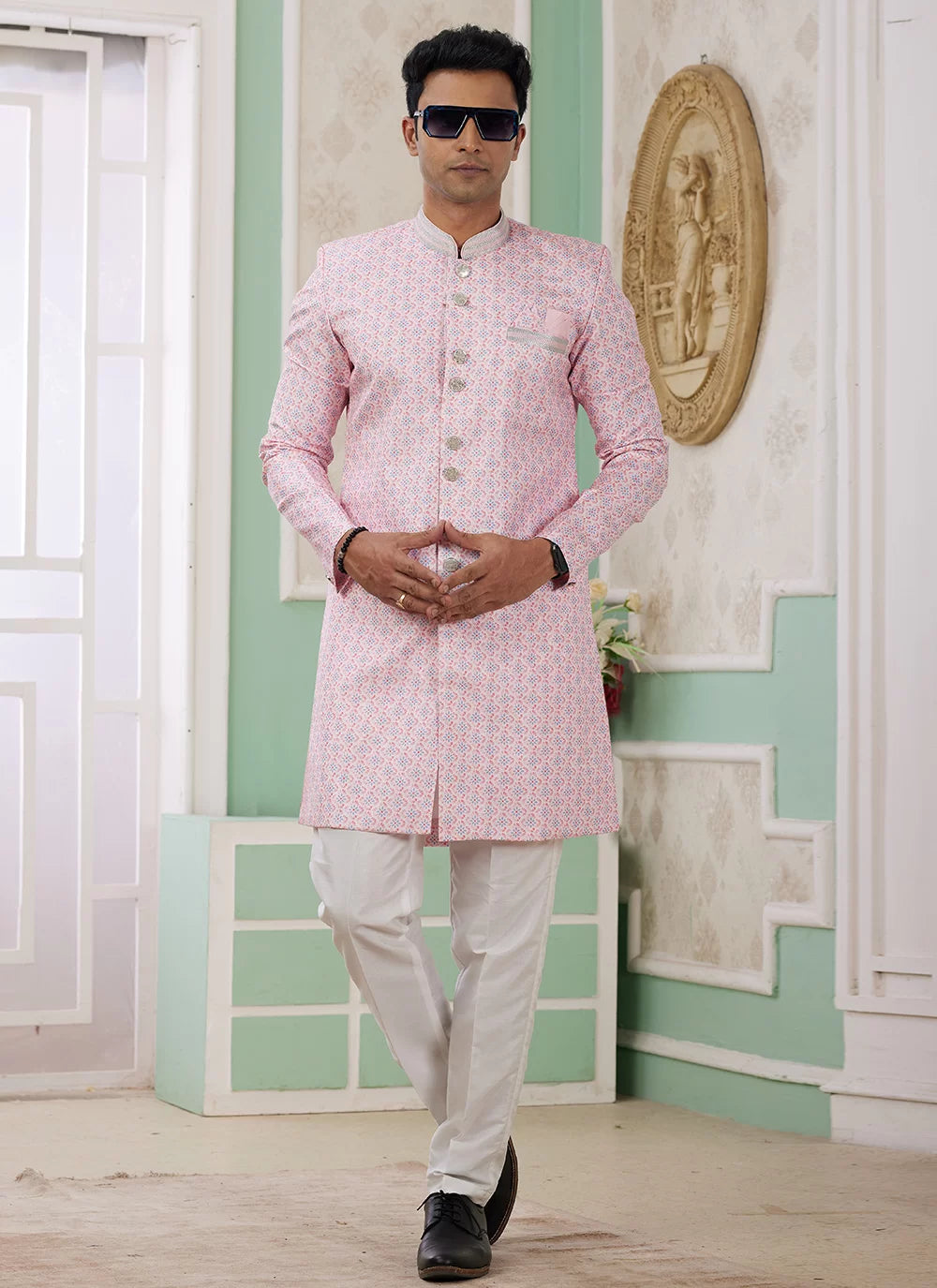 Raivat Ethnic Banarasi Jacquard Embroidery Indo Western Sherwani In Pink Colour - Distacart