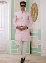Thumbnail for Raivat Ethnic Banarasi Jacquard Embroidery Indo Western Sherwani In Pink Colour - Distacart