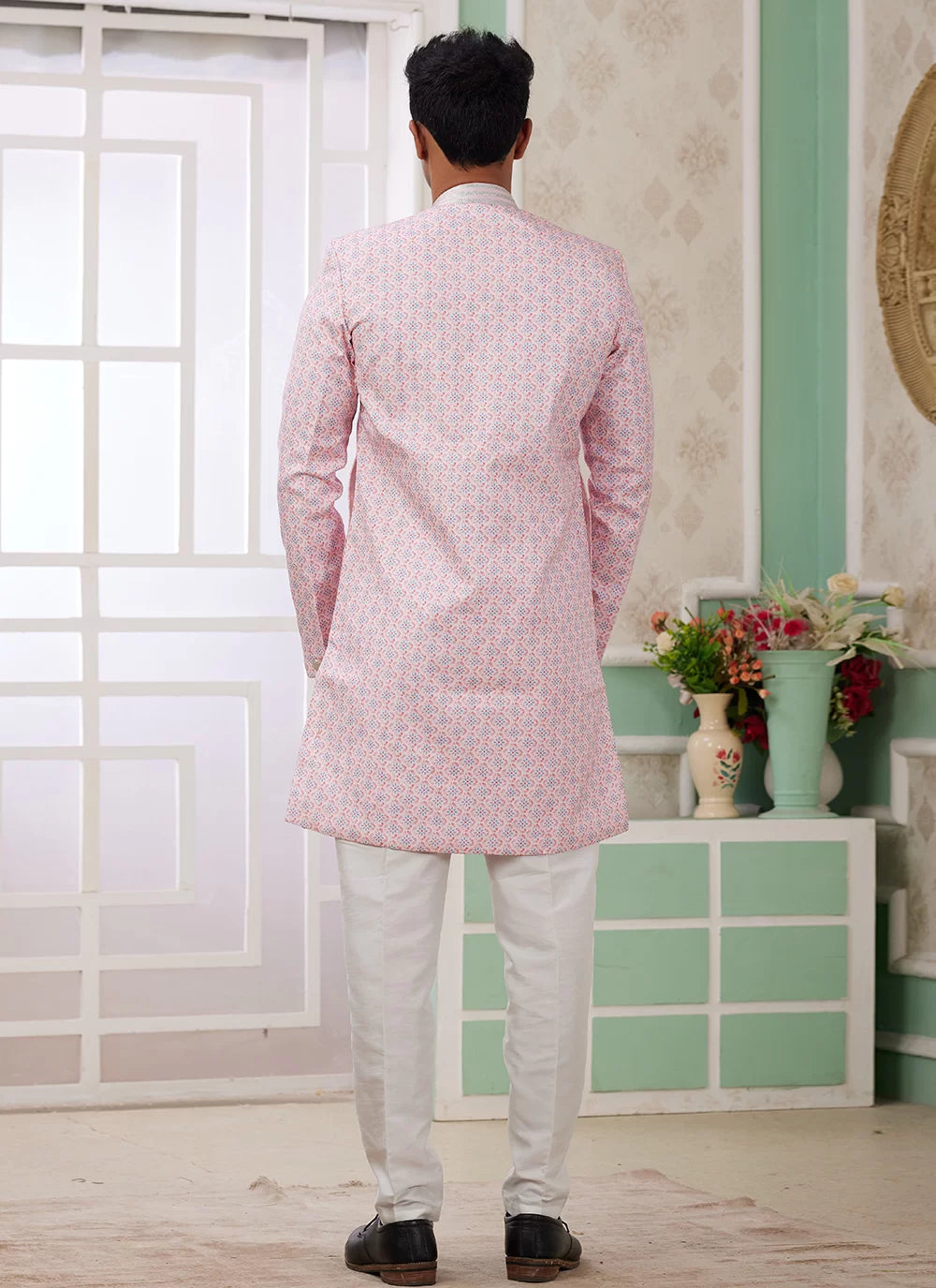Raivat Ethnic Banarasi Jacquard Embroidery Indo Western Sherwani In Pink Colour - Distacart