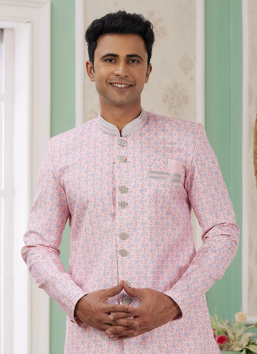 Raivat Ethnic Banarasi Jacquard Embroidery Indo Western Sherwani In Pink Colour - Distacart