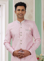 Thumbnail for Raivat Ethnic Banarasi Jacquard Embroidery Indo Western Sherwani In Pink Colour - Distacart