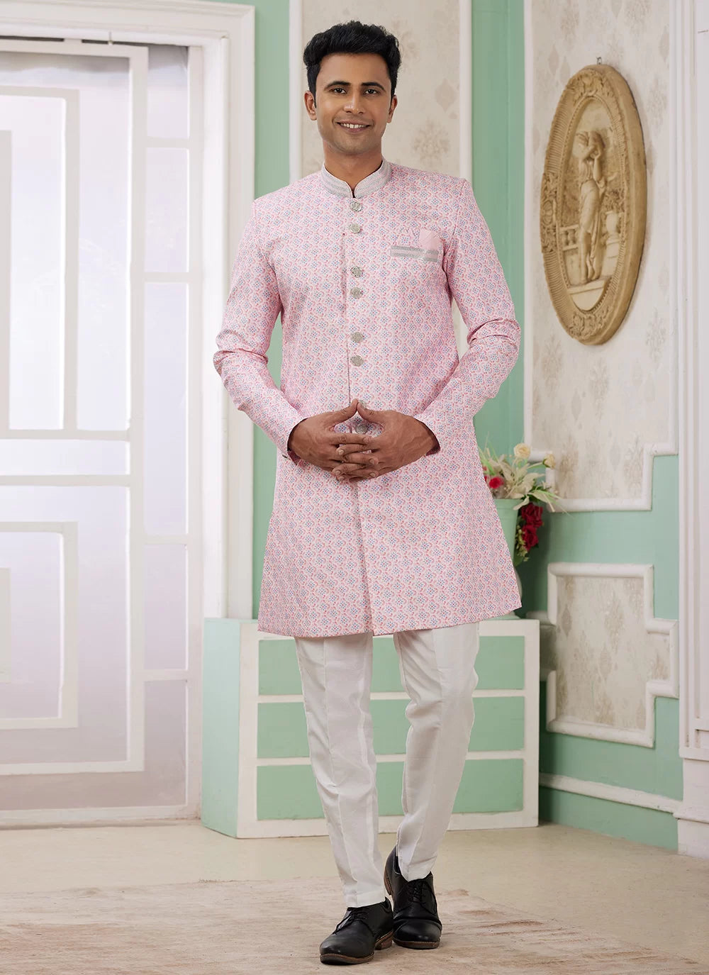 Raivat Ethnic Banarasi Jacquard Embroidery Indo Western Sherwani In Pink Colour - Distacart
