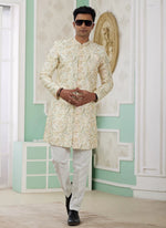 Thumbnail for Raivat Ethnic Banarasi Jacquard Embroidery Indo Western Sherwani In Yellow Colour - Distacart