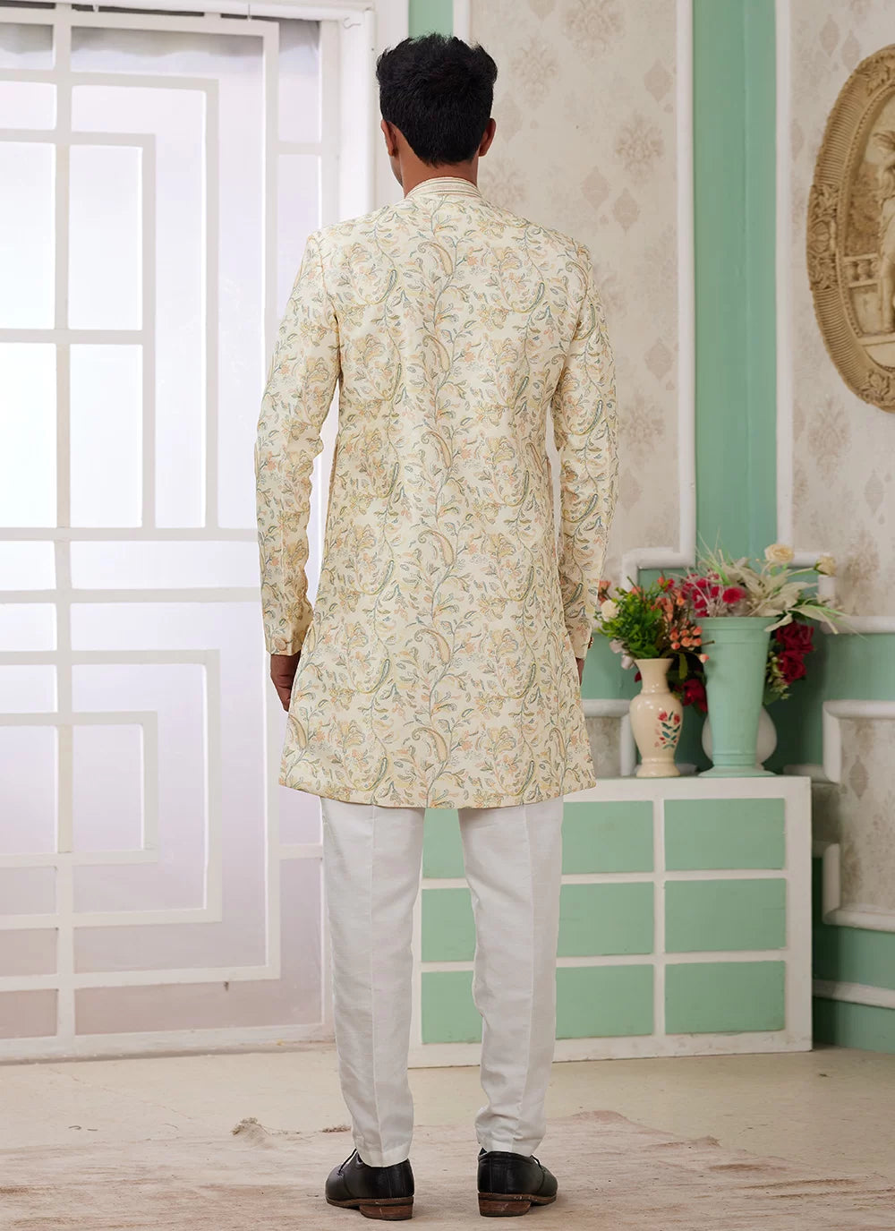 Raivat Ethnic Banarasi Jacquard Embroidery Indo Western Sherwani In Yellow Colour - Distacart