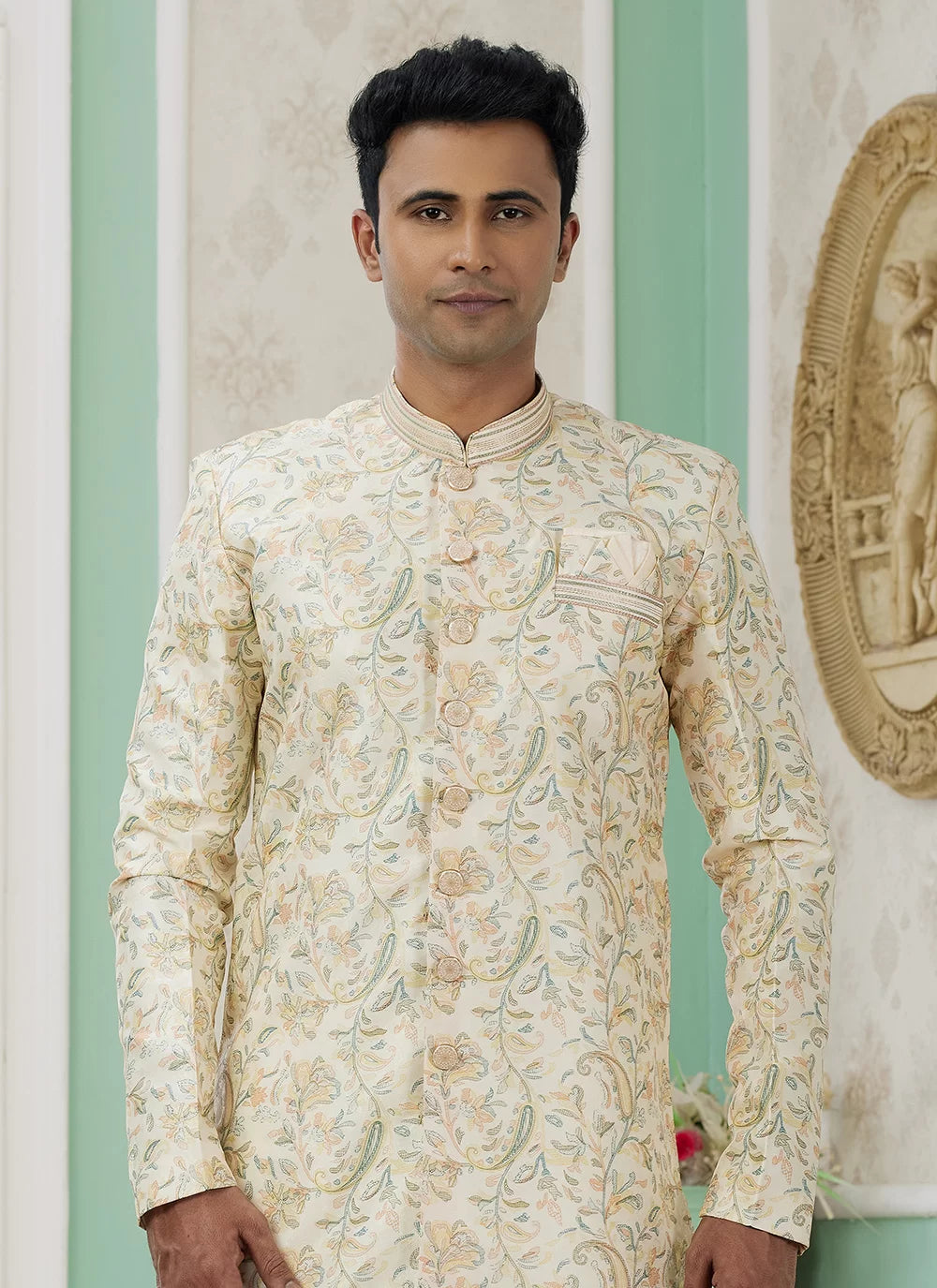 Raivat Ethnic Banarasi Jacquard Embroidery Indo Western Sherwani In Yellow Colour - Distacart